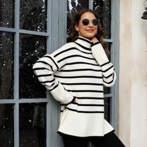 New Women's Soft Knit Oversized Turtleneck Sweater Beige with Black Stripe Small
